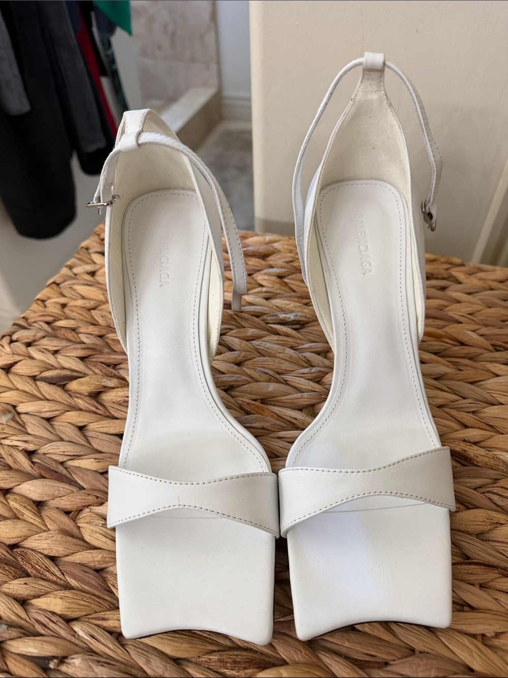 Balenciaga White Leather Square-Toe Ankle-Strap Heels